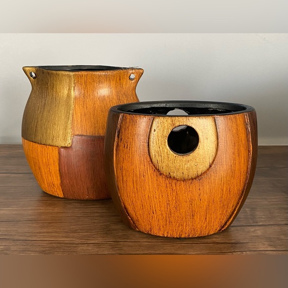 Other - Decorative Wood-Tone Ceramic Vase Set - Gold and Brown
